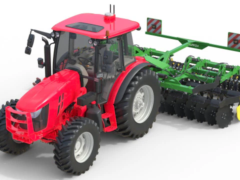 Farm Tractor and Trailed Disc harrow 3D Model