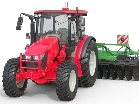 Farm Tractor and Trailed Disc harrow 3D Model
