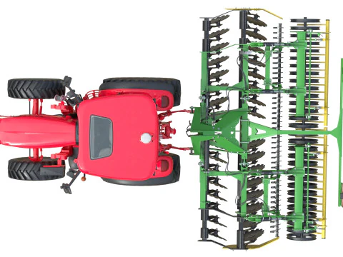 Farm Tractor and Trailed Disc harrow 3D Model