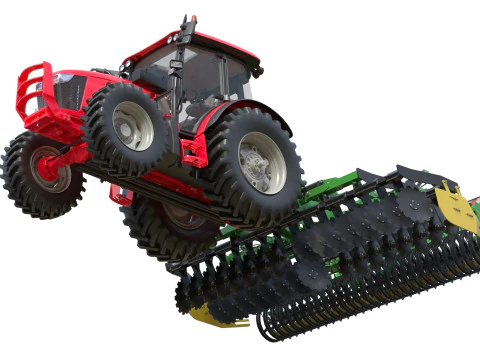 Farm Tractor and Trailed Disc harrow 3D Model