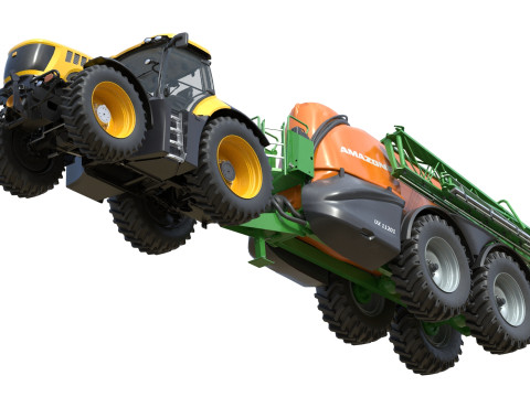 Trattore JCB Fastrac e irroratrice trainata Modello 3D