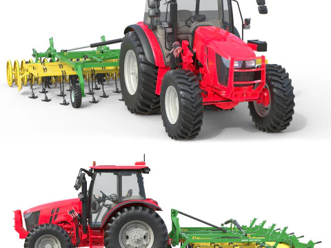 Трактор и сельскохозяйственный культиватор 3D Модель