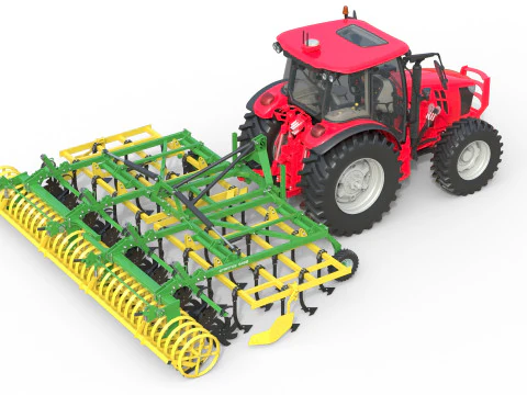 Tractor and Agricultural Cultivator 3D Model