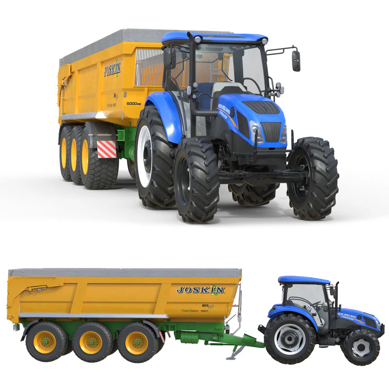Tractor and Joskin Farm Trailer 3D Model .c4d .max .obj .3ds .fbx .stl .blend 