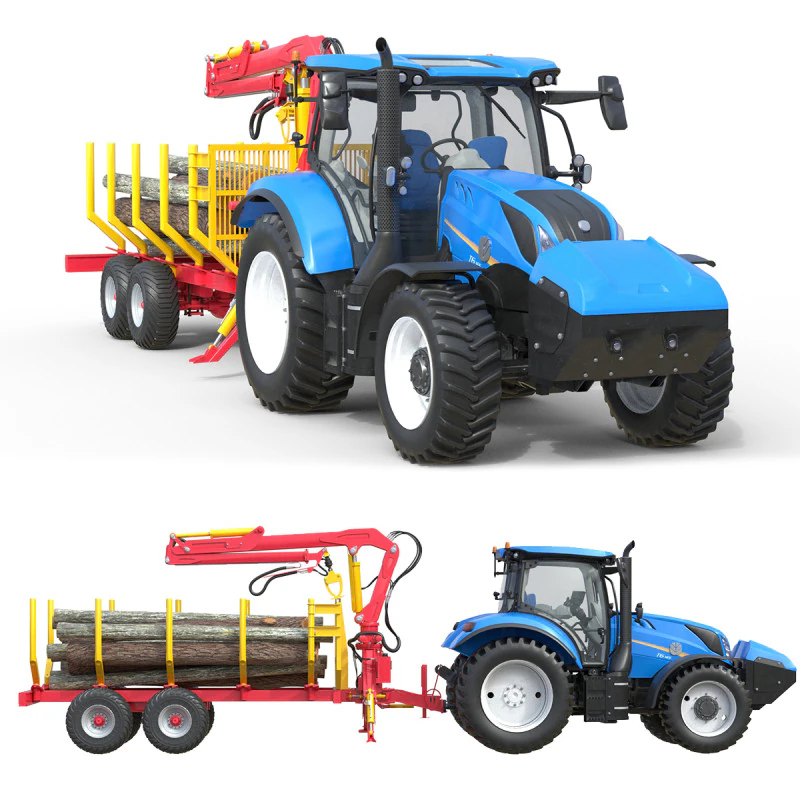 Tractor with Timber Forestry Trailer 3D Model .c4d .max .obj .3ds .fbx .stl .blend