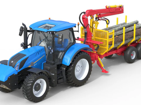 Tractor with Timber Forestry Trailer 3D Model