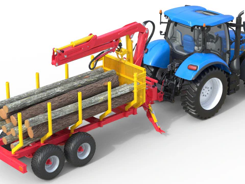 Tractor with Timber Forestry Trailer 3D Model