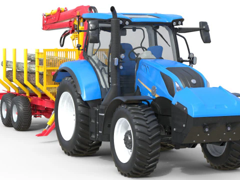 Tractor with Timber Forestry Trailer 3D Model