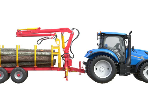 Tractor with Timber Forestry Trailer 3D Model
