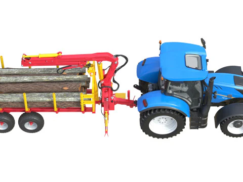 Tractor with Timber Forestry Trailer 3D Model