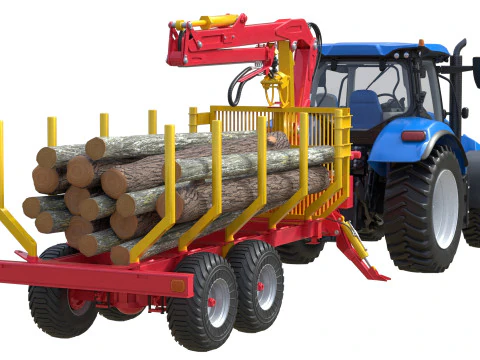 Tractor with Timber Forestry Trailer 3D Model
