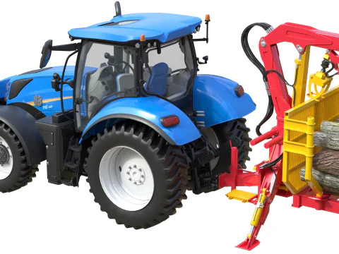 Tractor with Timber Forestry Trailer 3D Model