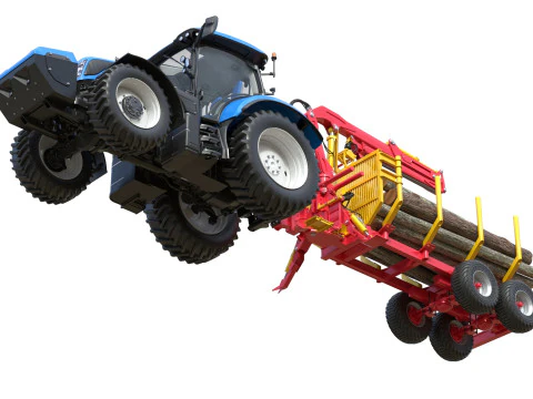 Tractor with Timber Forestry Trailer 3D Model