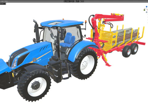 Tractor with Timber Forestry Trailer 3D Model