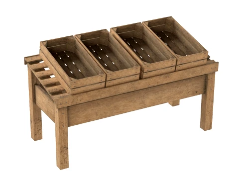 Fruits Wooden Table and Crate 3D Model