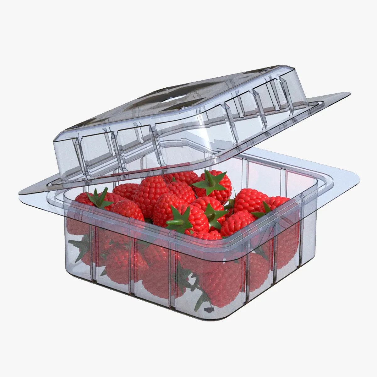 Raspberry Fruit Box Plastic Transparent 3D Model .c4d .max .obj .3ds .fbx .stl .blend