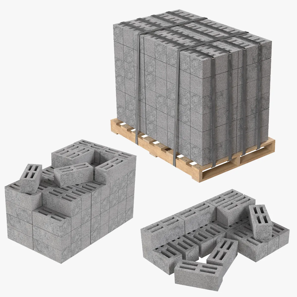 Cinder Block Pallet and Pile 2 3D Model .c4d .max .obj .3ds .fbx .stl .blend 