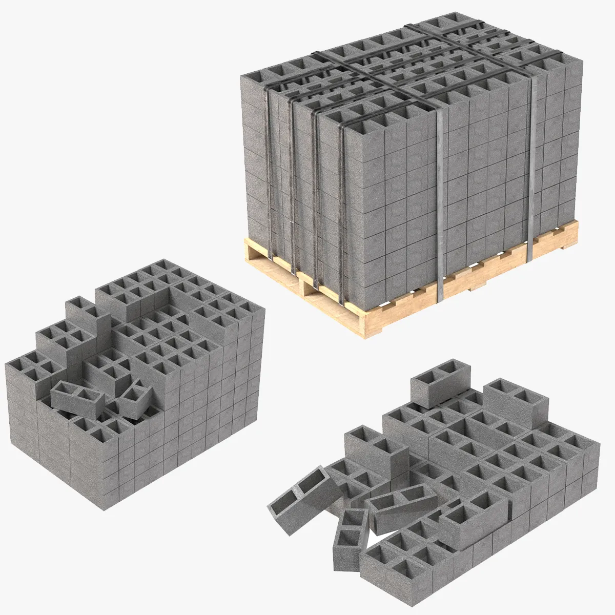 Cinder Block Pallet and Pile 3 3D Model .c4d .max .obj .3ds .fbx .stl .blend 
