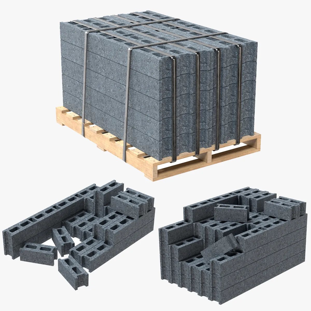 Cinder Block Pallet and Pile 4 3D Model .c4d .max .obj .3ds .fbx .stl .blend 