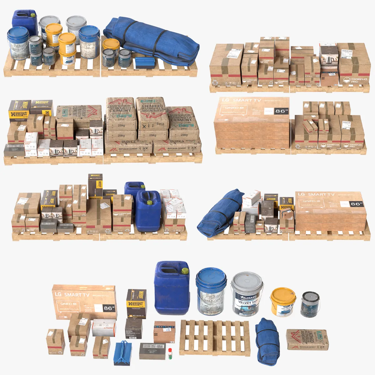 Building Material Pallets 3D Model .c4d .max .obj .3ds .fbx .stl .blend 