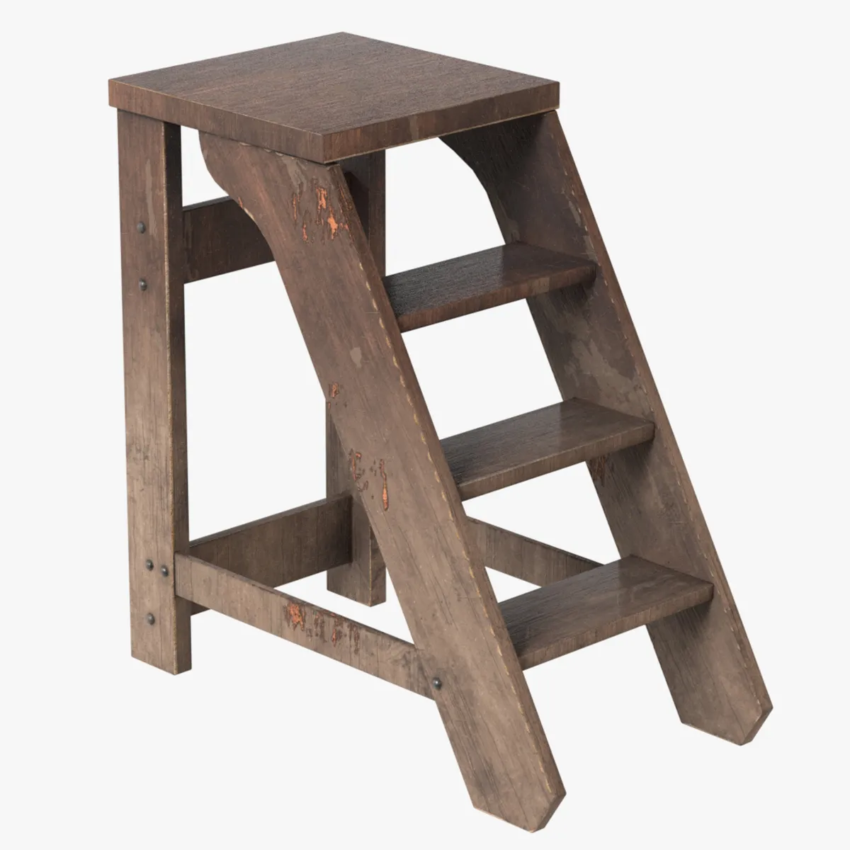 3 Step Wooden Ladder Old Wood 3D Model .c4d .max .obj .3ds .fbx .stl .blend 