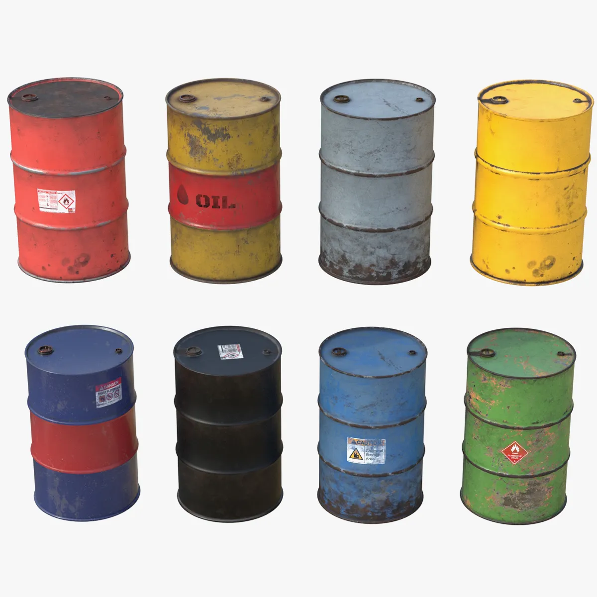 Oil Drum Collection 3D Model .c4d .max .obj .3ds .fbx .stl .blend 