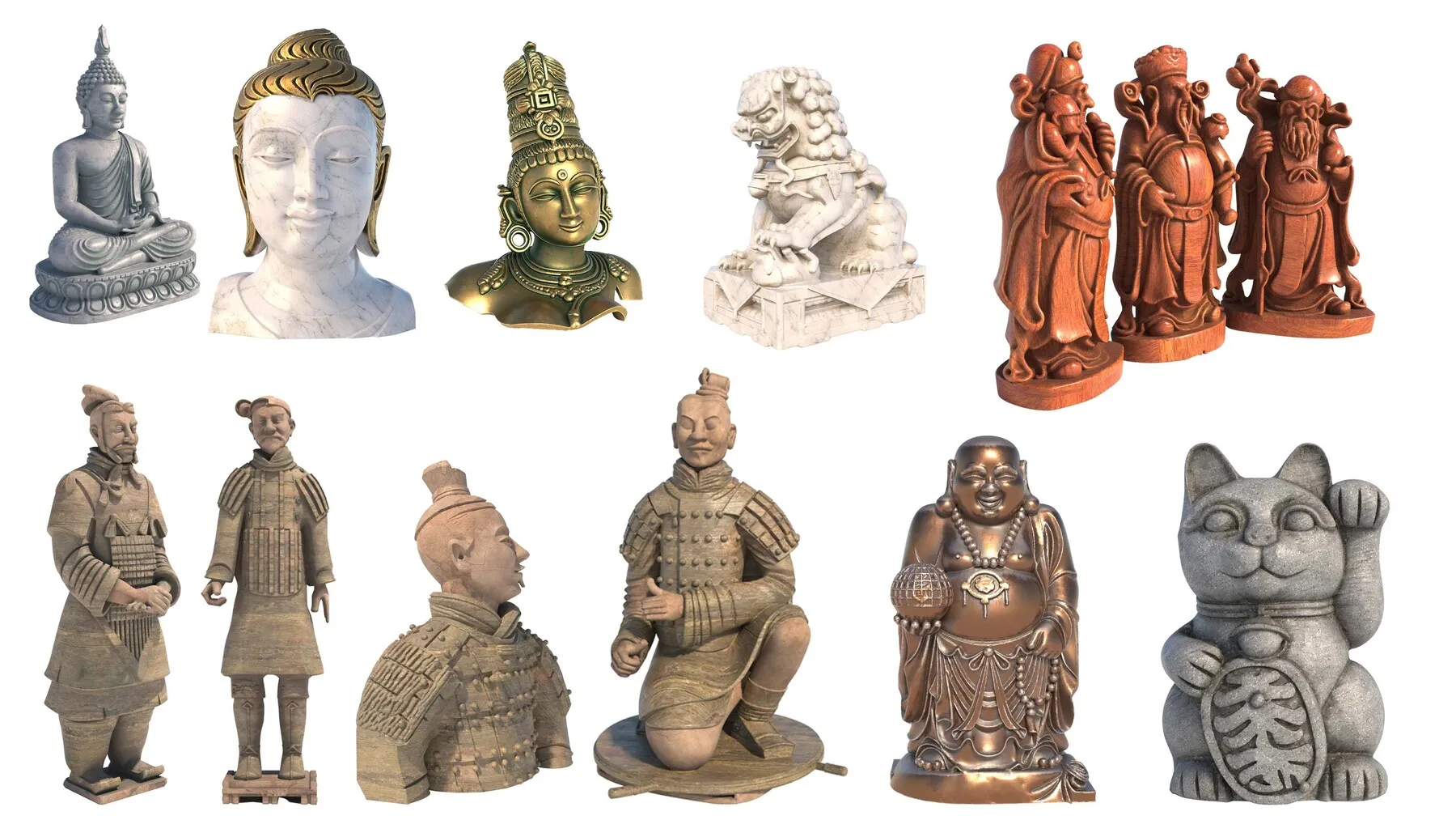 Asian Statue Collection 3D Model .c4d .max .obj .3ds .fbx .stl .blend 
