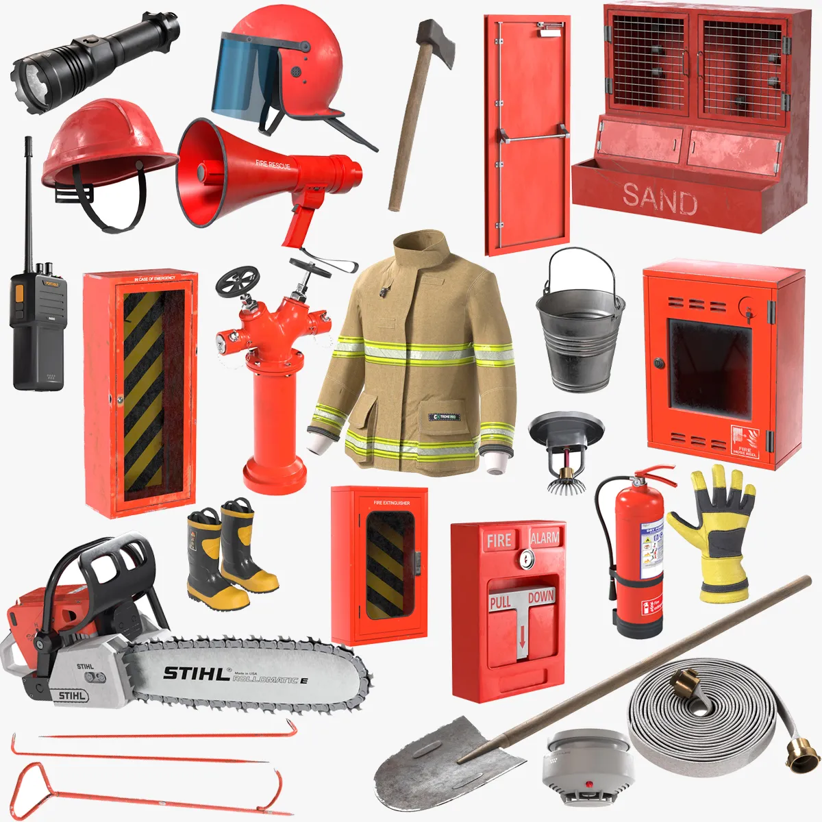 Fire Tool Equipments Collection 3D Model .c4d .max .obj .3ds .fbx .stl .blend