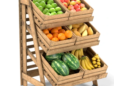 Fruits Large Wooden Rack and Crate with Fruits v1 Modèle 3D