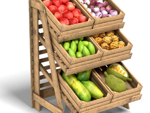 Fruits Large Wooden Rack and Crate with Fruits v2 Modelo 3D