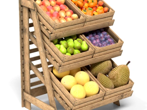 Fruits Large Wooden Rack and Crate with Fruits v3 3D Model