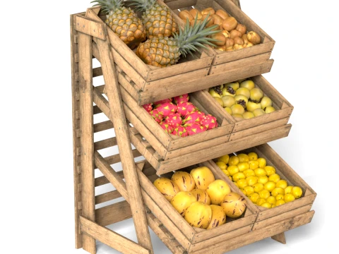 Fruits Large Wooden Rack and Crate with Fruits v4 3Dモデル