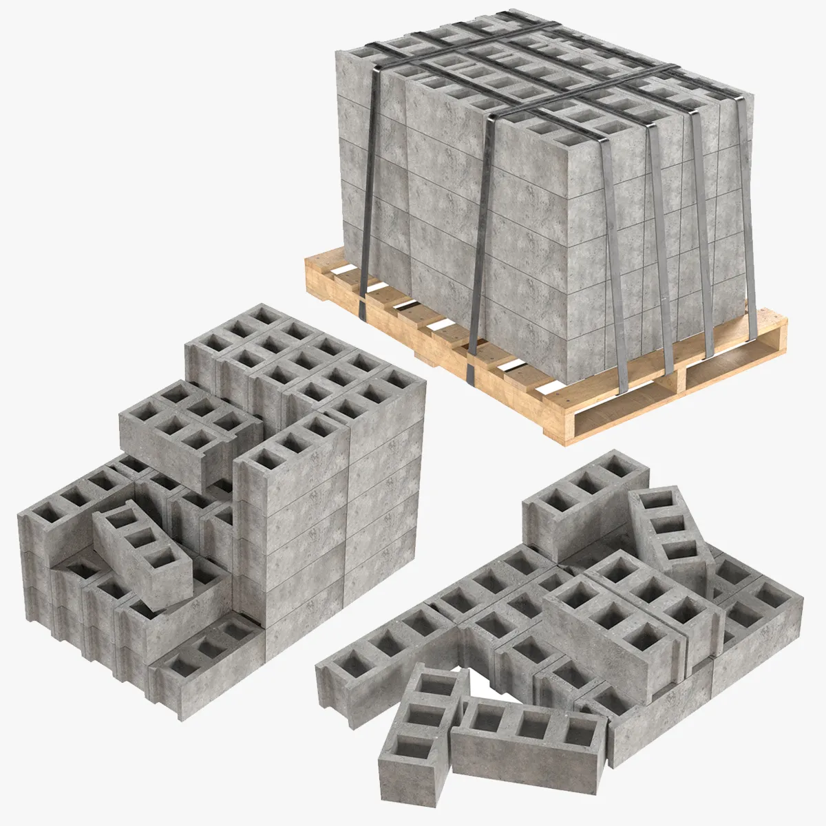 Cinder Block Pallet and Pile 5 3D Model .c4d .max .obj .3ds .fbx .stl .blend 