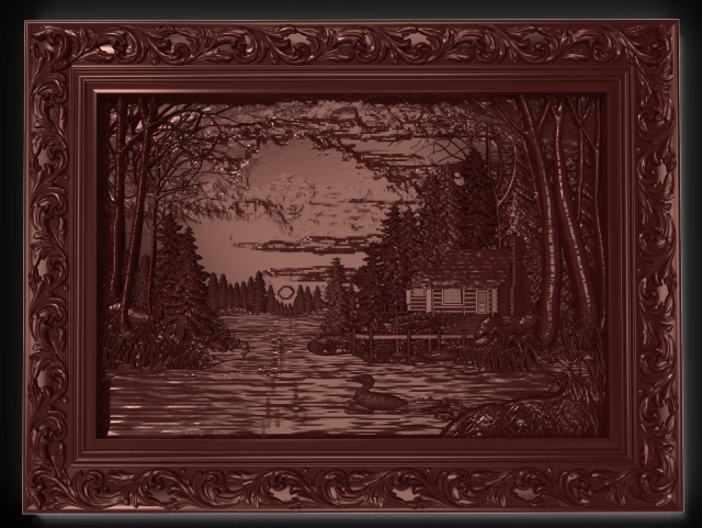 house on the lake in coniferous forest bas relief 3D 모델 .c4d .max .obj .3ds .fbx .stl .blend 