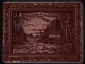 house on the lake in coniferous forest bas relief 3D Model