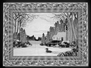 house on the lake in coniferous forest bas relief 3D Model