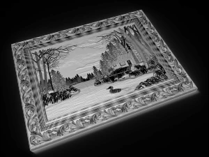 house on the lake in coniferous forest bas relief 3D Model
