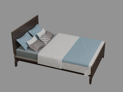 3D Queen Size Rustic Bed model Low-poly Modello 3D