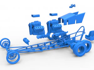 Front engine old school 6 wheeled dragster Version 2 Scale 1 to 25 3D Print Model