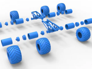 Podwozie zabytkowej ciężar&oacute;wki Monster Truck z podw&oacute;jnymi kołami. Skala od 1 do 25 Model do druku 3D