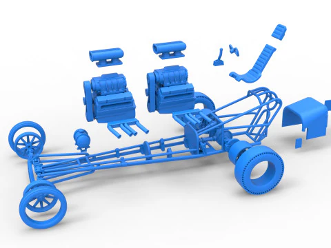 Front engine old school dragster with 2 V8 Version 2 Scale 1 to 25 3D Print Model