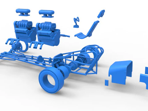 Front engine old school dragster with 2 V8 Version 2 Scale 1 to 25 3D Print Model