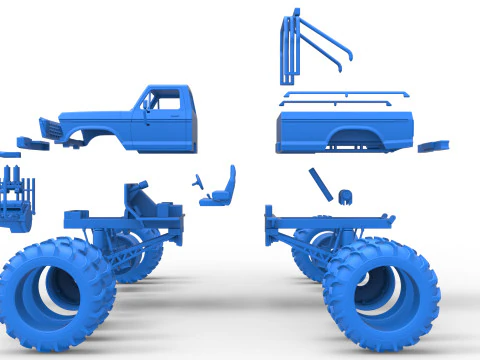 Vintage Monster Truck with double wheels Scale 1 to 25 3D Print Model