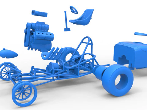 Oldschoolowy dragster z przednim silnikiem i skorupą Wersja 9 Skala od 1 do 25 Model do druku 3D