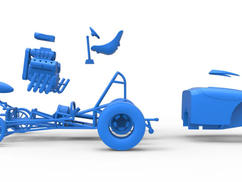 Oldschoolowy dragster z przednim silnikiem i skorupą Wersja 9 Skala od 1 do 25 Model do druku 3D