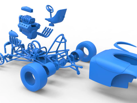Oldschoolowy dragster z przednim silnikiem i skorupą Wersja 9 Skala od 1 do 25 Model do druku 3D