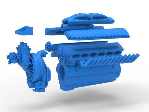 Engine V12 of Vintage Dragster Version 2 Scale 1 to 25 3D Print Model