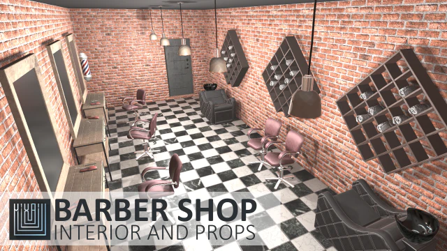 barber shop - interior and props 3D Model .c4d .max .obj .3ds .fbx .stl .blend 