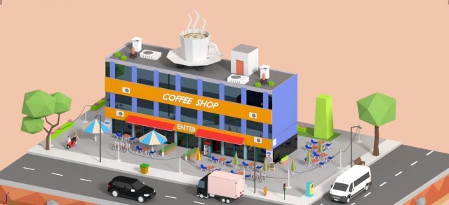 low poly corner coffee shop Model 3D .c4d .max .obj .3ds .fbx .stl .blend 