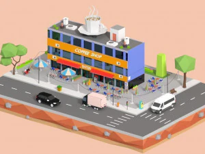 low poly corner coffee shop 3D Model